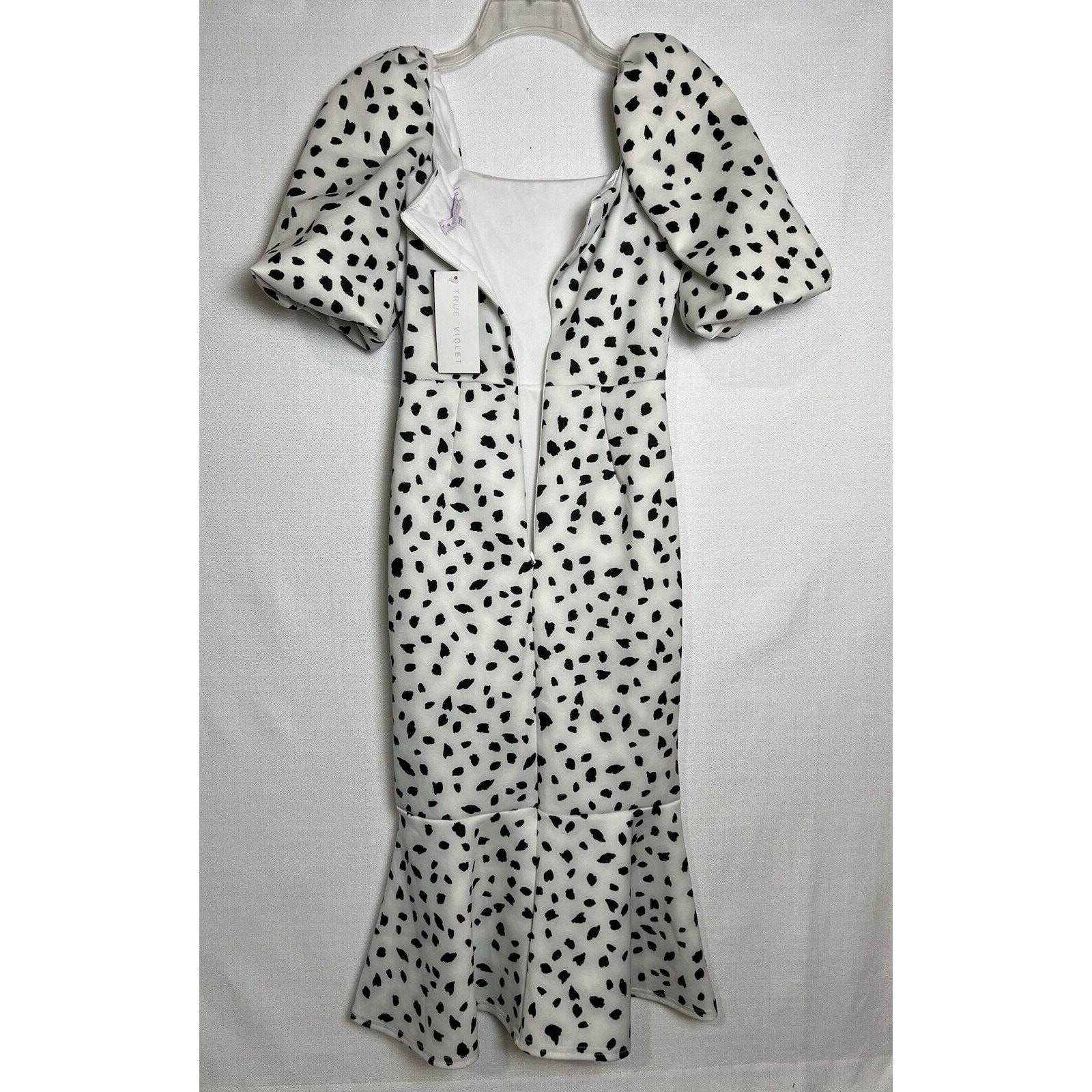 TRUE VIOLET PUFF SLEEVE SQUARE NECK MIDI DRESS IN MONO SPOT PRINT Size 6 NWT