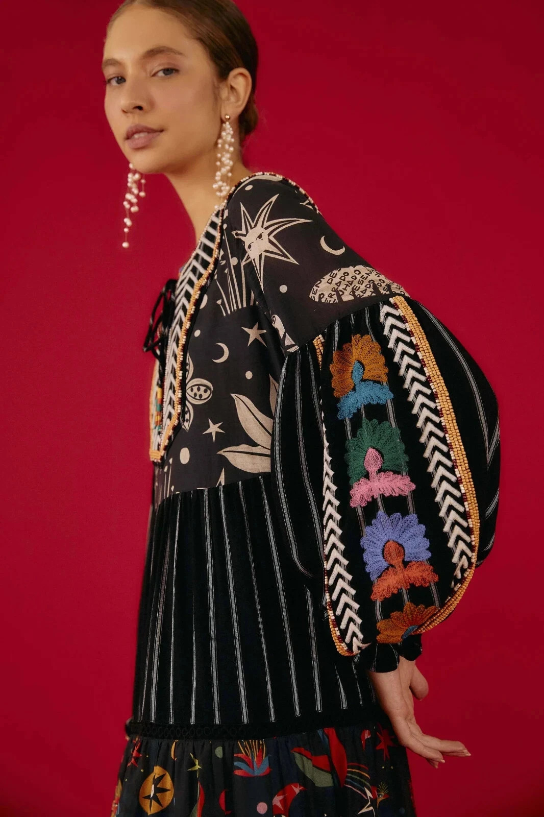 FARM RIOBlack Mixed Prints Embroidered Midi Dress Regular price $395 Small