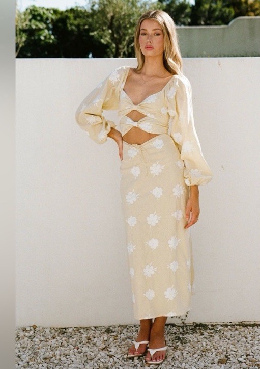 NWT SABO Jean-Maree Yellow Gingham Floral Cut Out Middle Midi Dress-Sz Large NEW