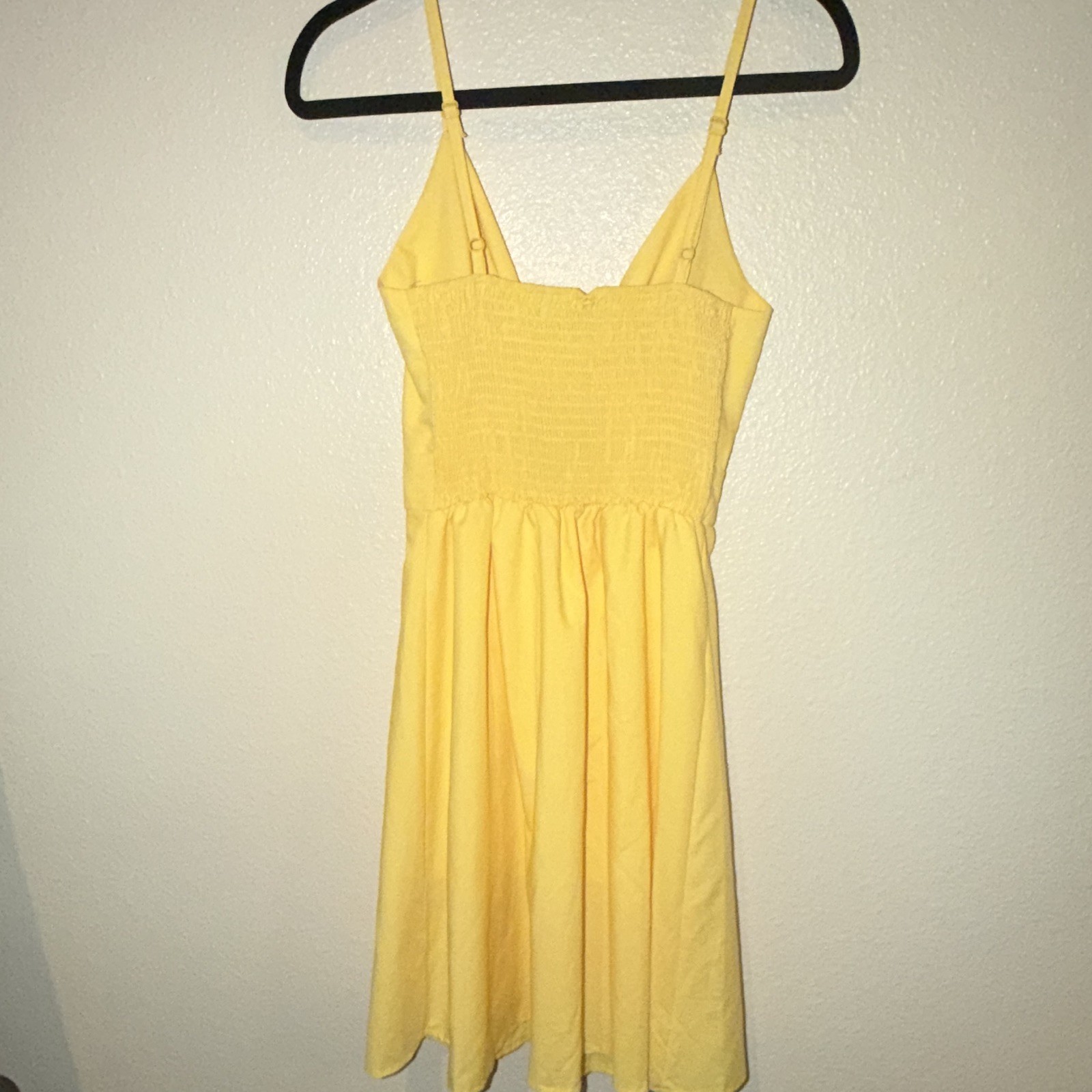 ECOWISH Yellow Solid V-Neck Spaghetti Strap Button Front Tie Knee Dress S