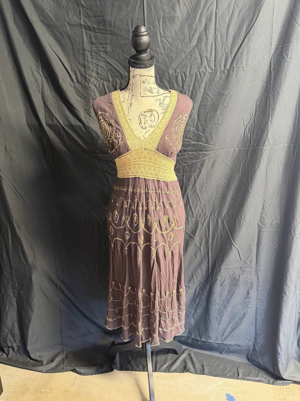 Vintage Y2K Venus Womens Chocolate Brown Embroidered Halter Dress Boho Crochet