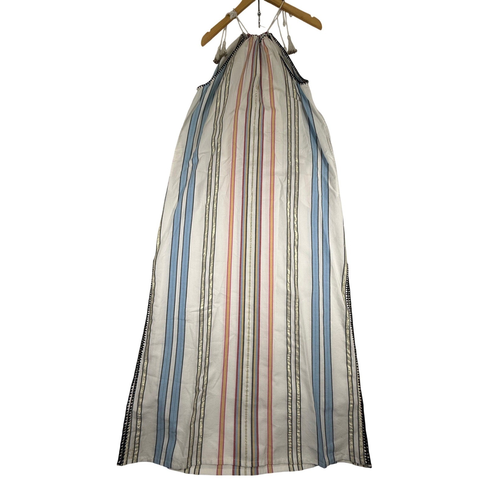 Ilio Nema Womens Cotton Lurex Striped Halter Maxi Dress White Blue M Metallic
