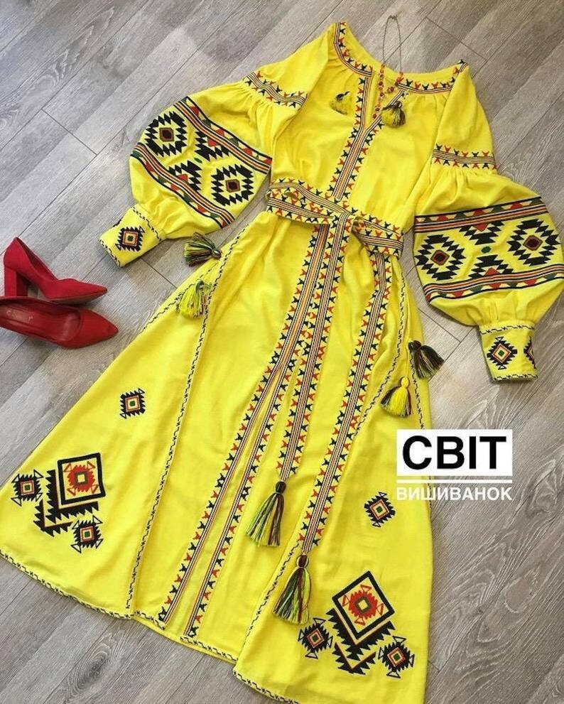 Yellow Embroidered Dress Vyshyvanka Linen, Ethnic Ukrainian Style, Free Shipping