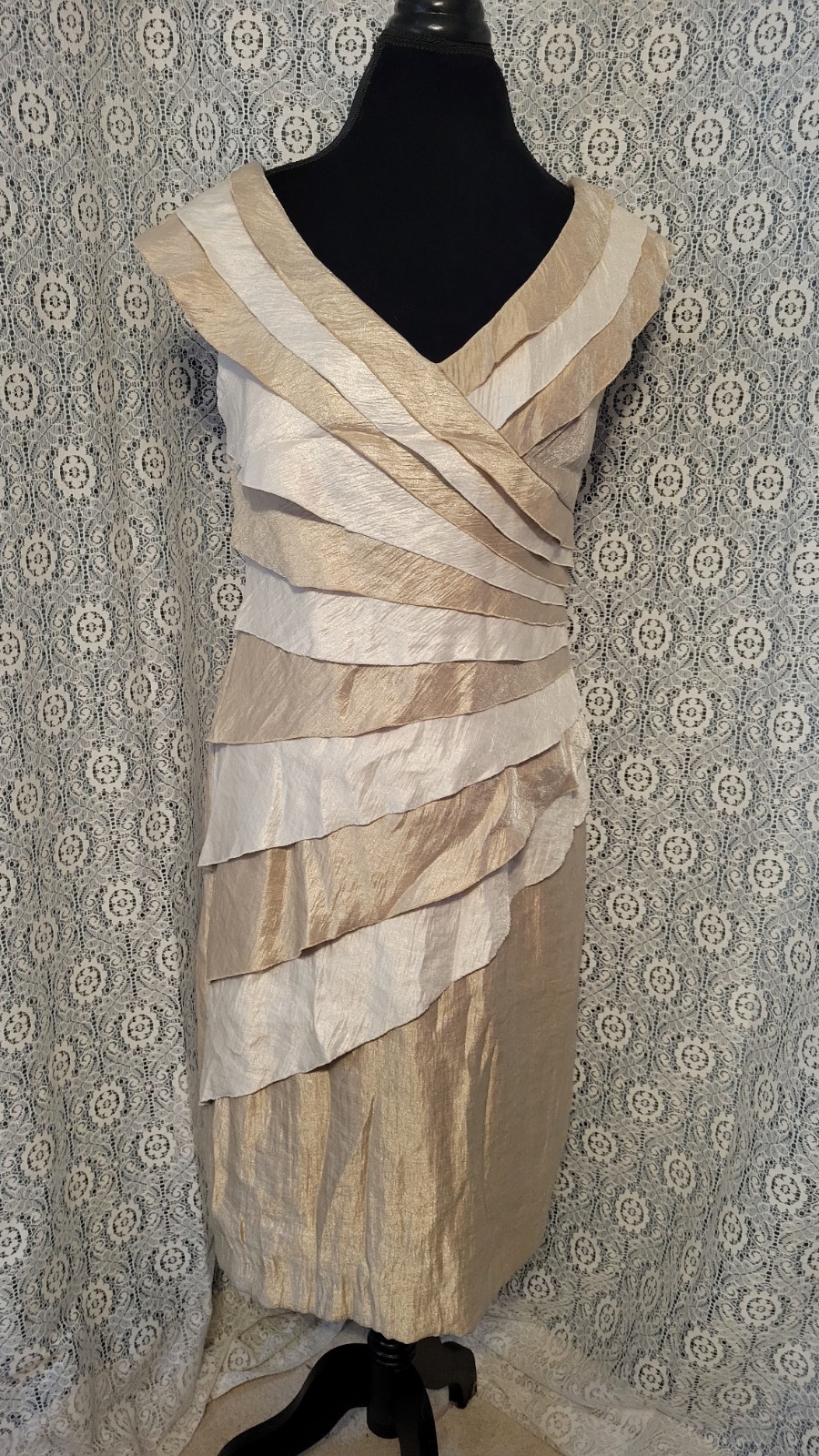 London Style Collection Champagne Gold Tiered Ruffle Shutter Pleat Dress Size 12