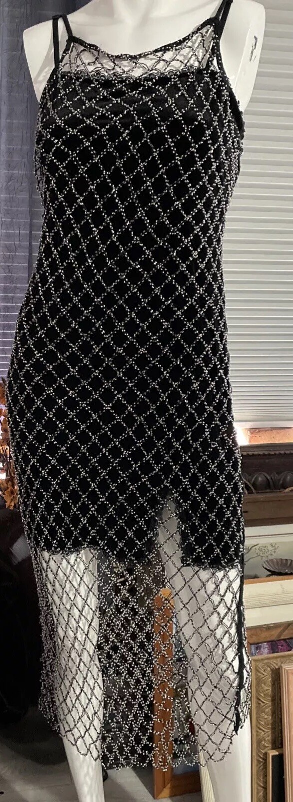 ZARA Silver Beads Allover MESH See ThroughDRESS S/M Soldout