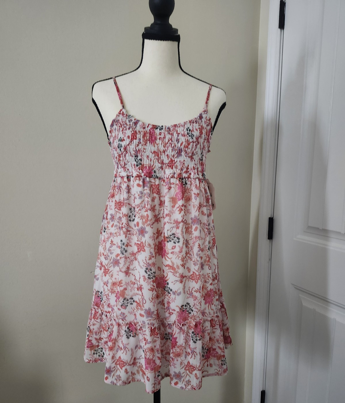 Altar’d State Women’s Pink White Floral Sundress Square Neck Smocked Ruffle M
