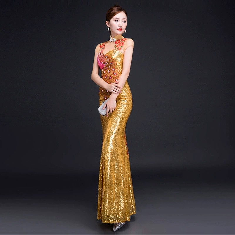 Womens Sequin Peacock Embroidery Gown Cheongsam Formal Stage Evening Qipao Dress
