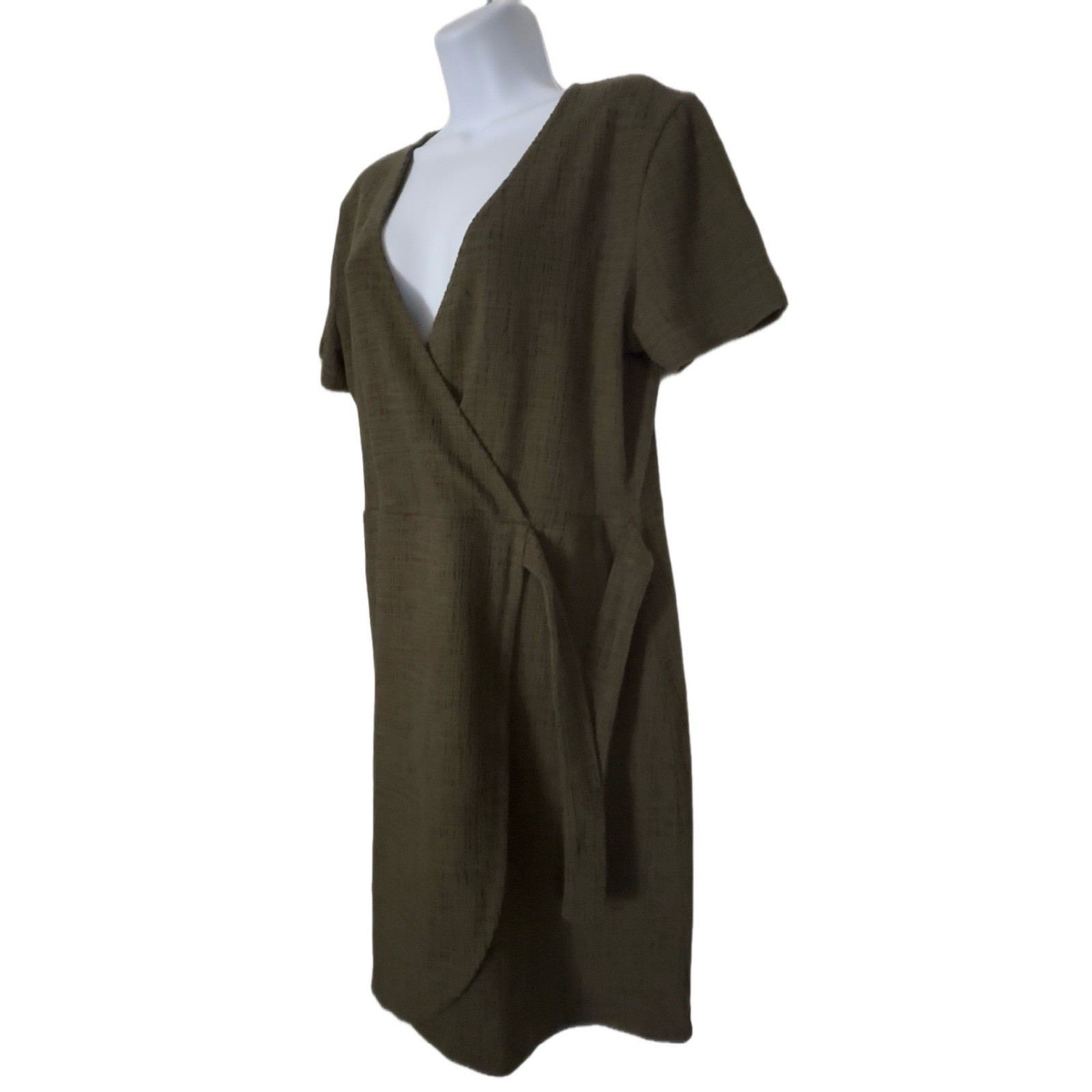 Madewell Dark Olive Green Textured Wrap Tie Mini Dress, Size L