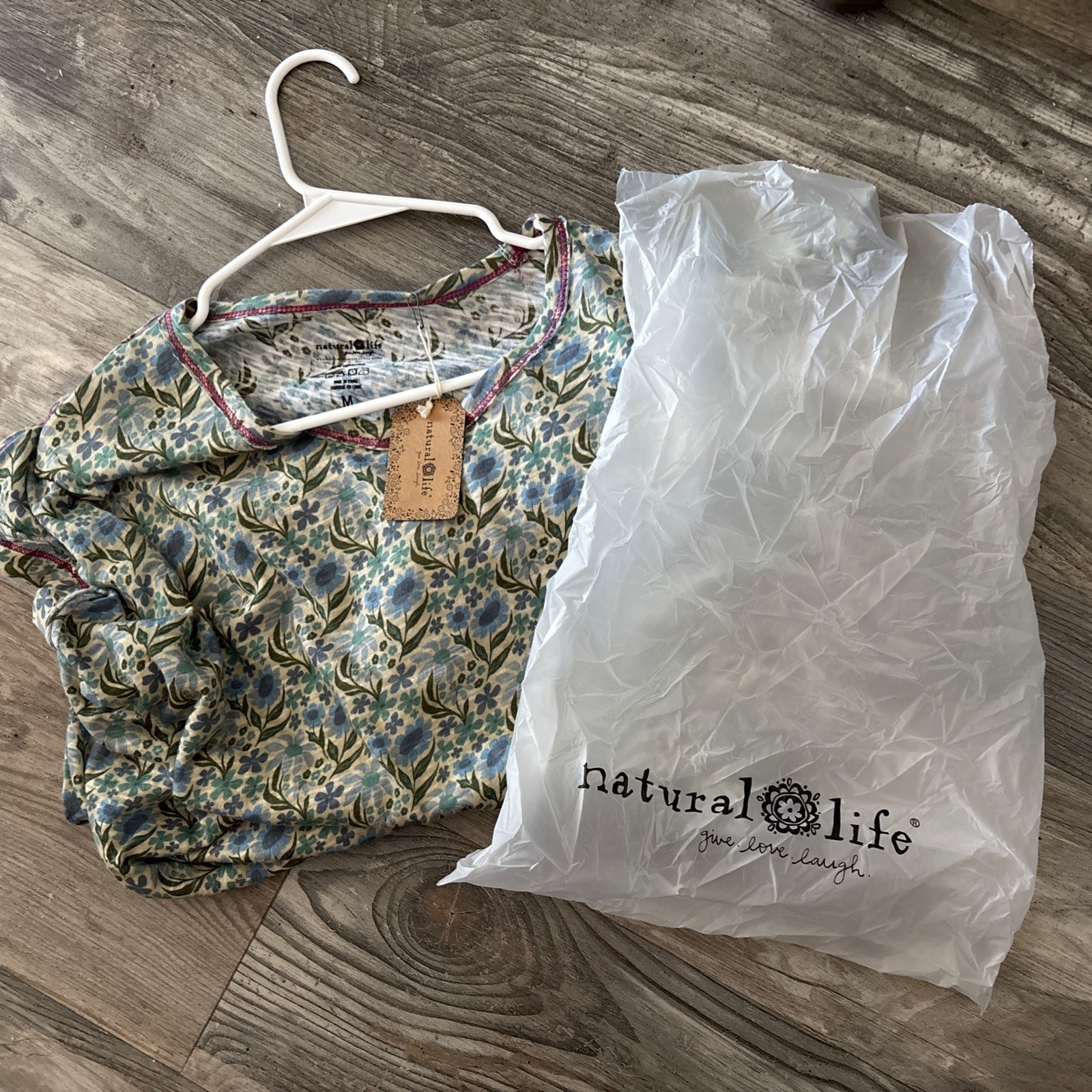 NWT Natural Life Frankie Knit Tee Mini Dress Cotton Slub Blue Green Floral M