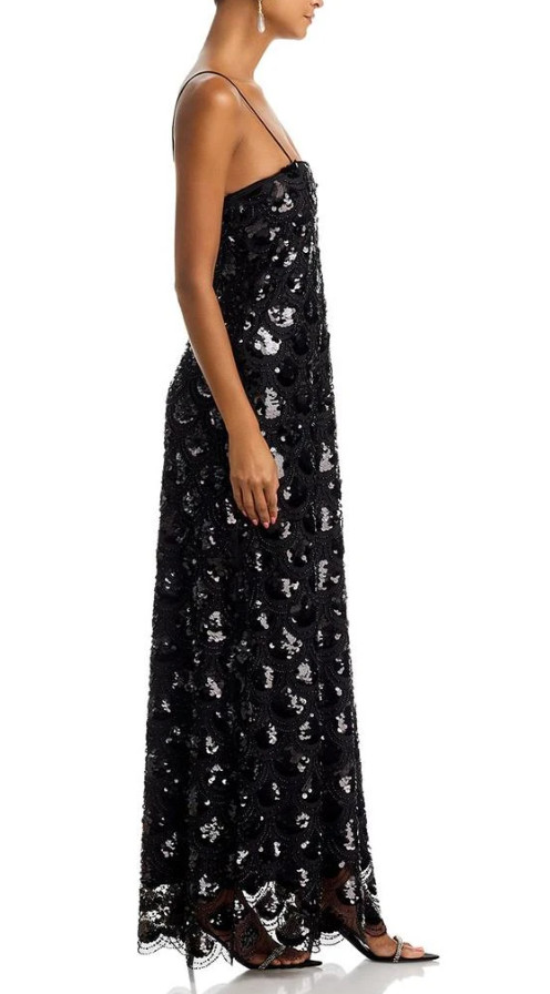 Rotate Birger Christensen Black Sequin Slip Dress Gown -sz 12 / 42 EU -msrp $500