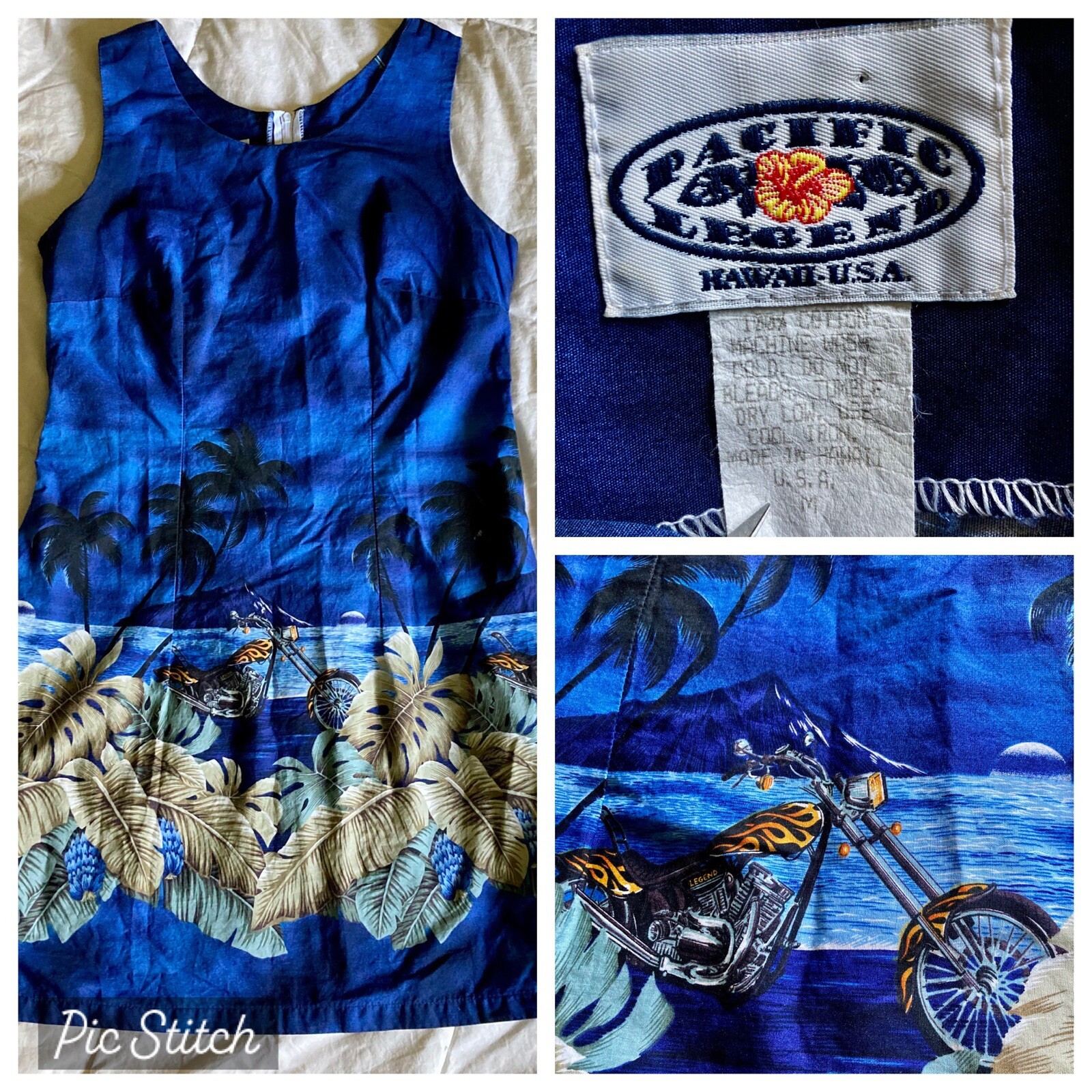 Pacific Legend VTG Hawaii Mini Dress Womens M Chopper Motorcycle Blue Cotton USA