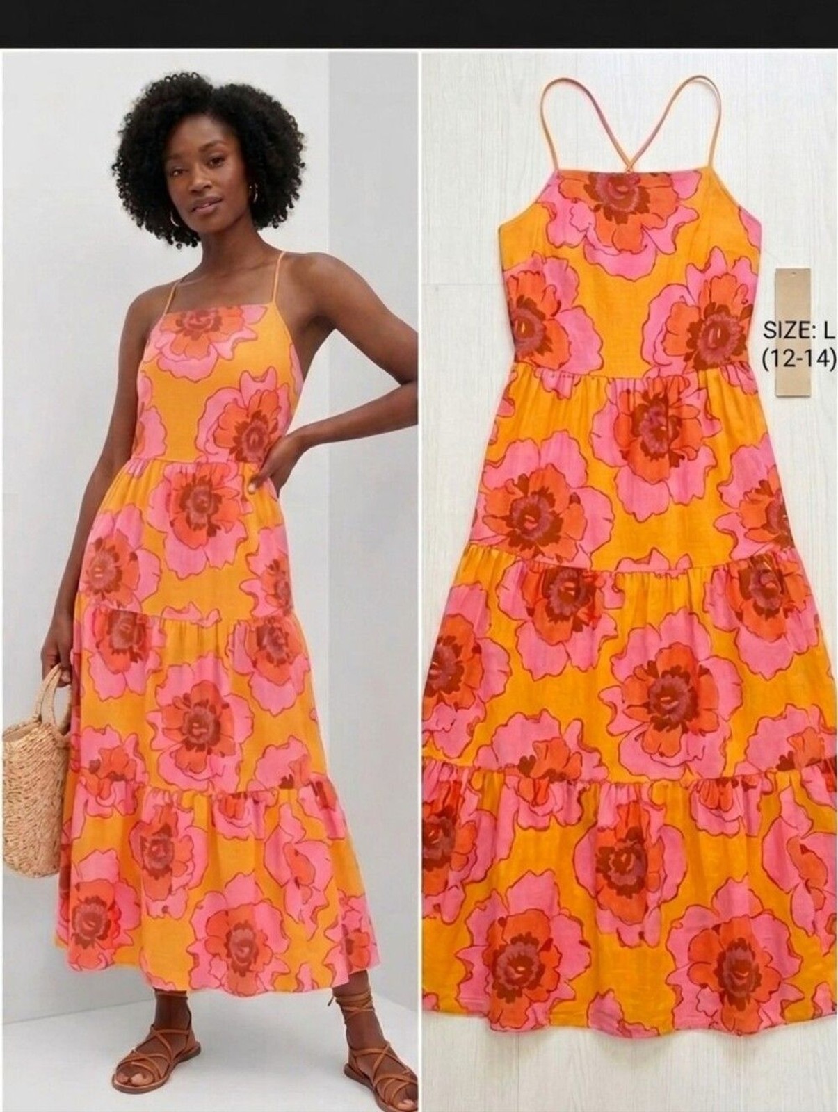 GAP Vibrant Orange Maxi Dress with Pink Floral Print Linen Blend