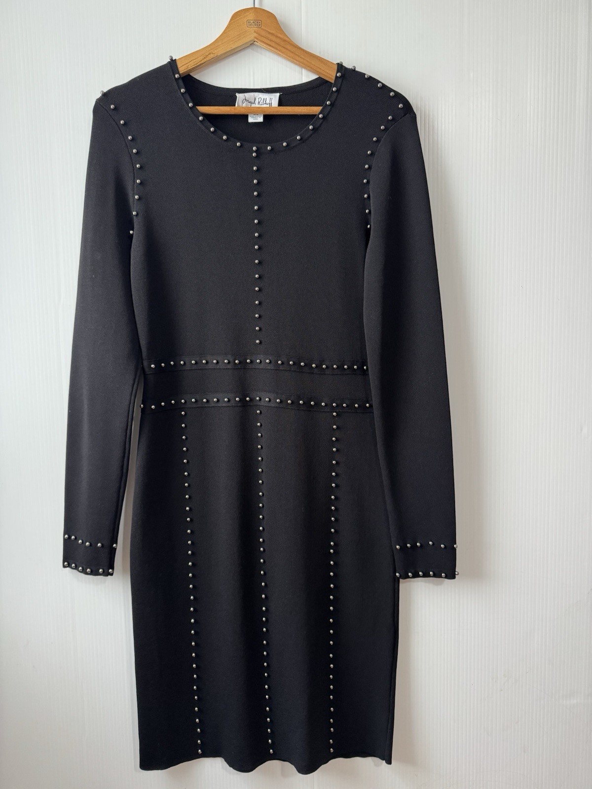 Josef Ribkoff Black Studded Midi Dress Long Sleeve Elegant Sheath Sz M Women’s
