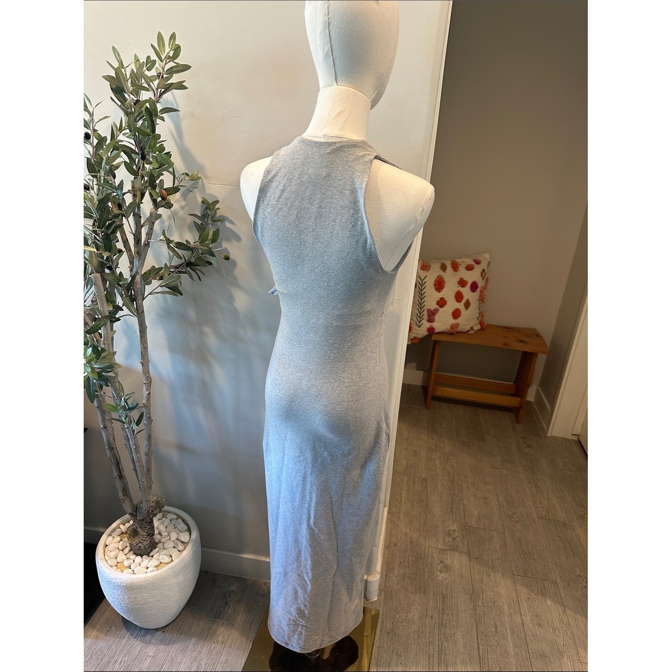 Reformation Bijou Grey Stretch Knit Racerback Midi Dress Minimalist Bodycon New!