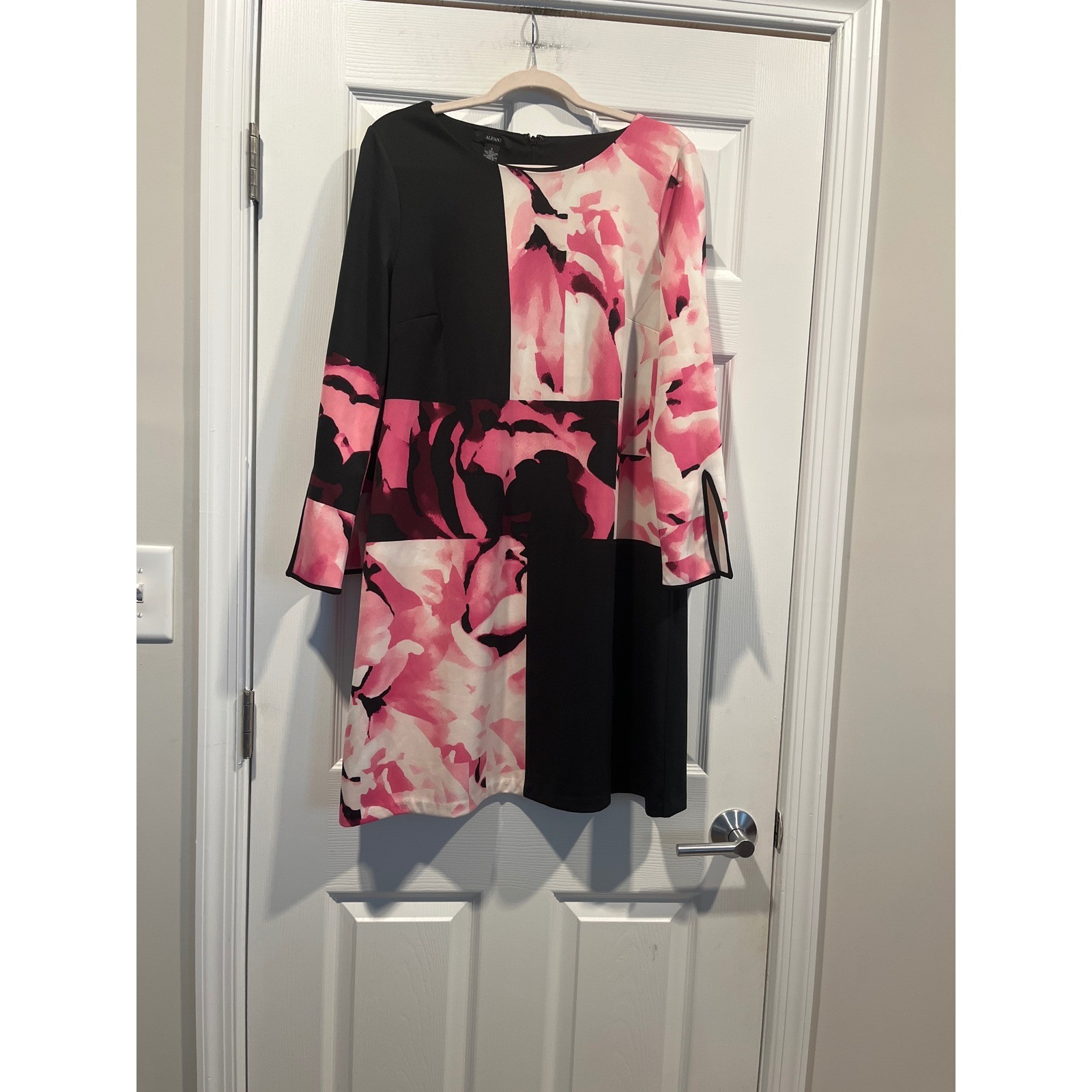 Alfani Womens Floral Colorblock Shift Dress Pink Black Long Sleeve Size 8