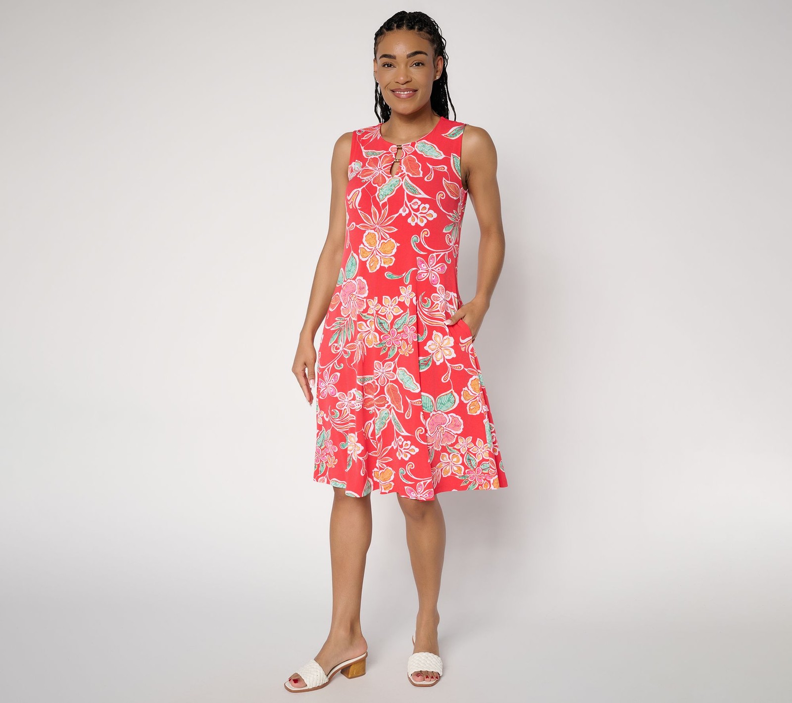 Susan Graver Petite Liquid Knit A-Line Dress in Prints or Slids Red Tropical XS