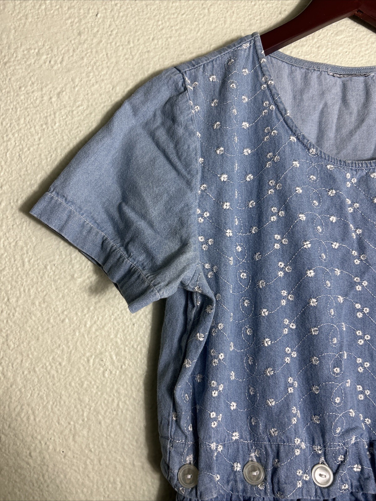 Vintage Chambray Women’s Medium Dress Blue Floral Elastic Waist Ankle Length