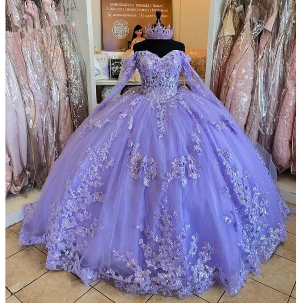 Lavender Lilac Quinceanera Dress Long Sleeve 3D Flowers Appliques Prom Sweet 16
