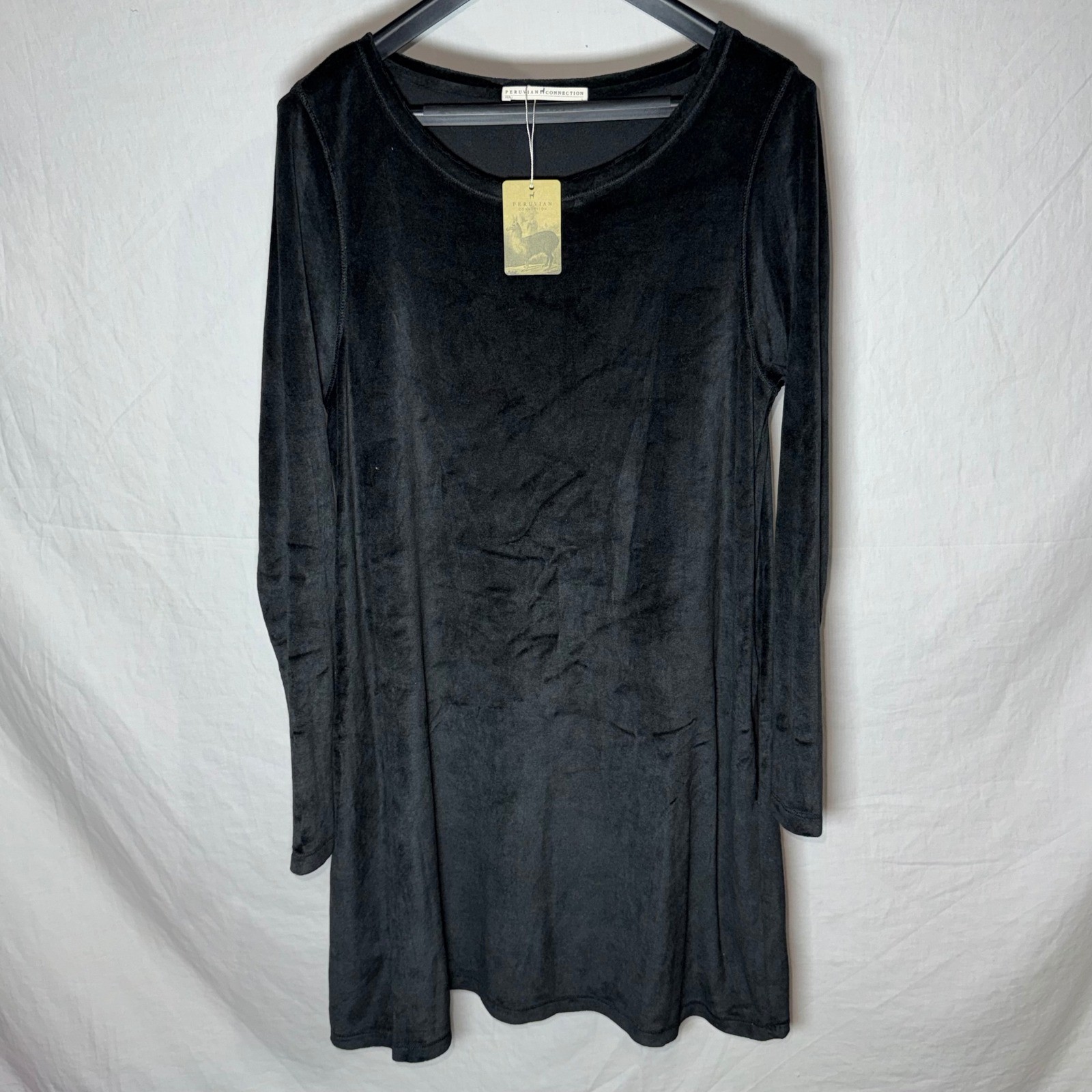 Peruvian Connection Velour Orla Dress Black Cotton Modal Shift L NEW With Tags