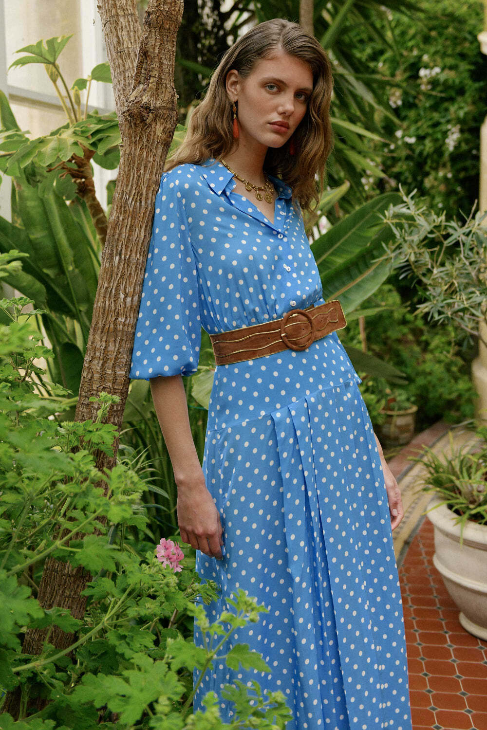 New Rixo Izzy Pleated Polka Dot Blue Shirt dress Sz 2XS XS S M L 2XL 4XL