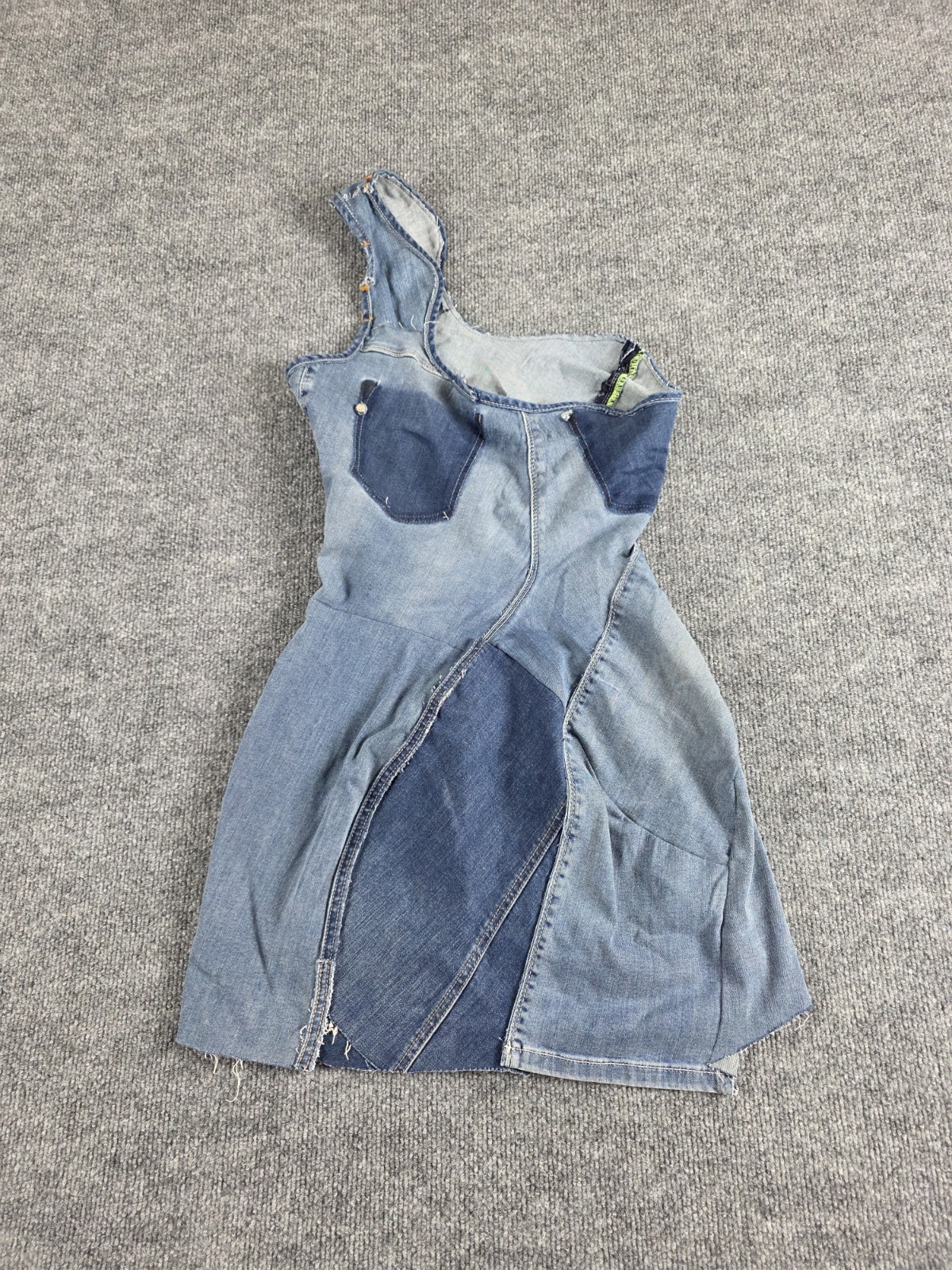 Handmade Patchwork Denim Dress Edgy Upycled Art to Wear Blue One Shoulder 32″
