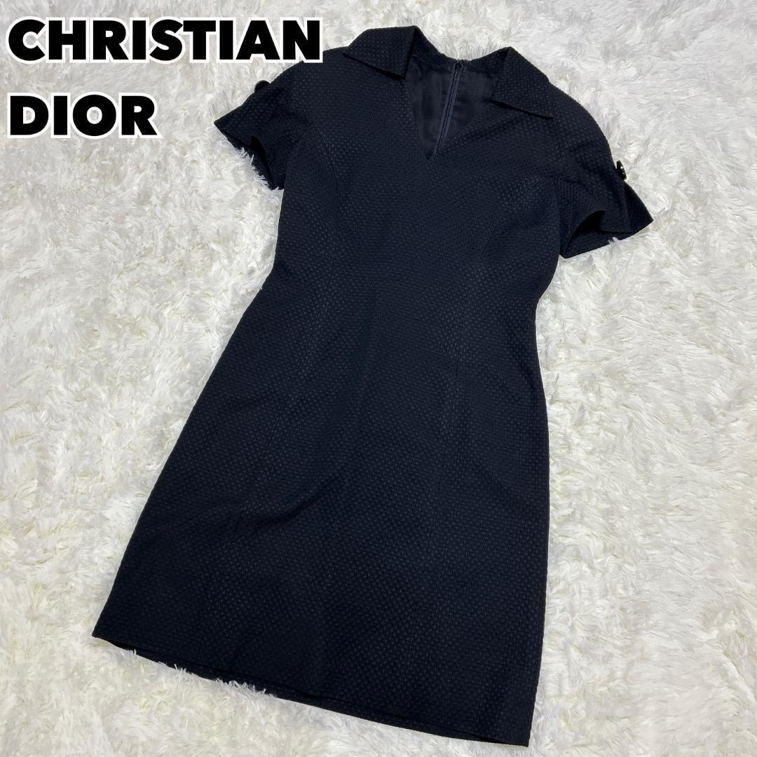 Christian Dior Black Formal Dress Short Sleeve Decorative Buttons M SR2432