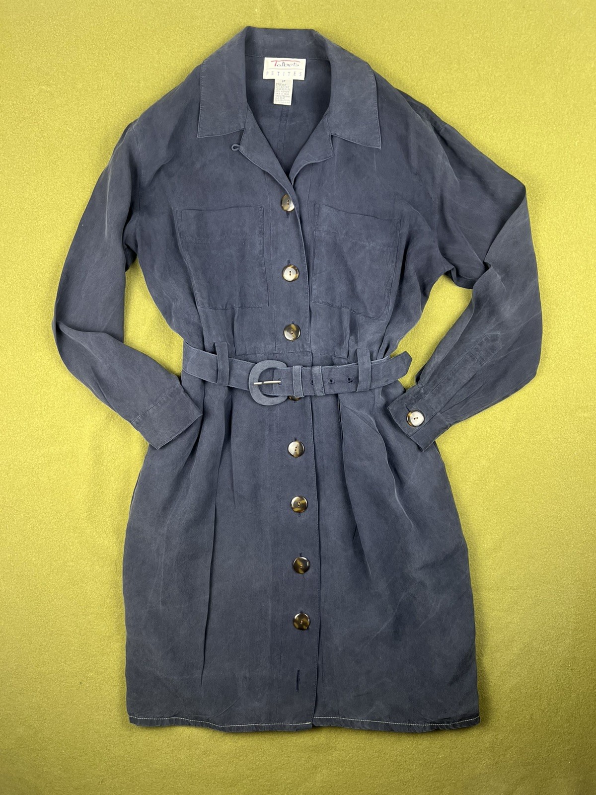 Talbots Blue 100% Silk Dress Belted Petite 6P UK 10 Petite Long Sleeve Silk 10