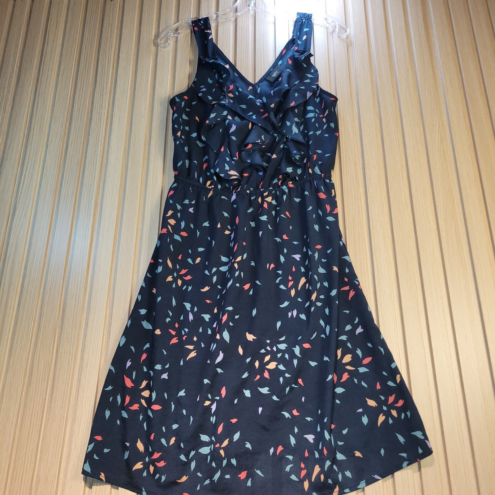 Mossimo Womens Sleeveless Ruffle V-Neck Abstract Print Dress Navy Blue Small