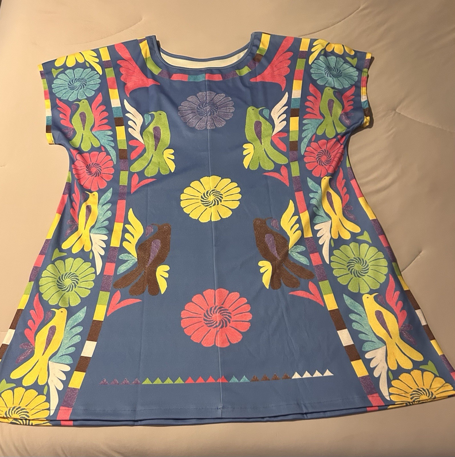 Women’s Blue Multicolor Bird Floral Print Scoop Neck Cap Sleeve Shift Dress