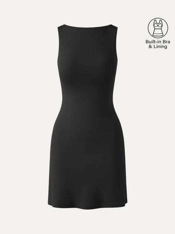 Women’s Open Back Brami Mini Dress Built In Bra Stretch Sleeveless, Black