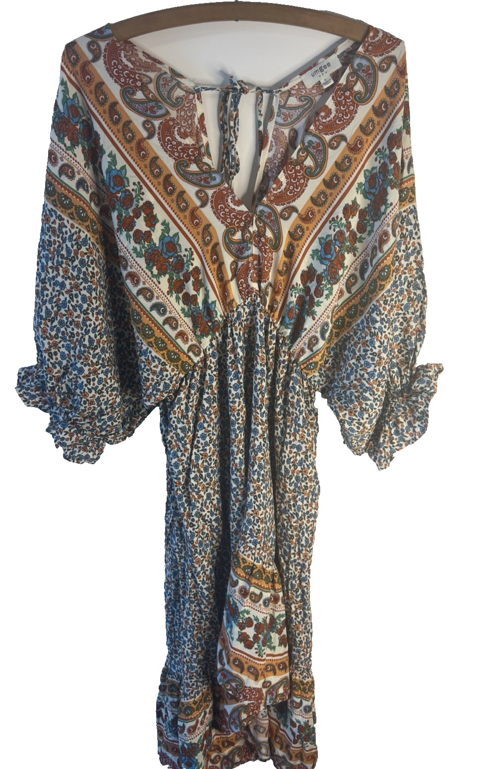 Umgee L Southwestern Bell Sleeve Peasant Cottagecore Prairie Boho Dress Summer