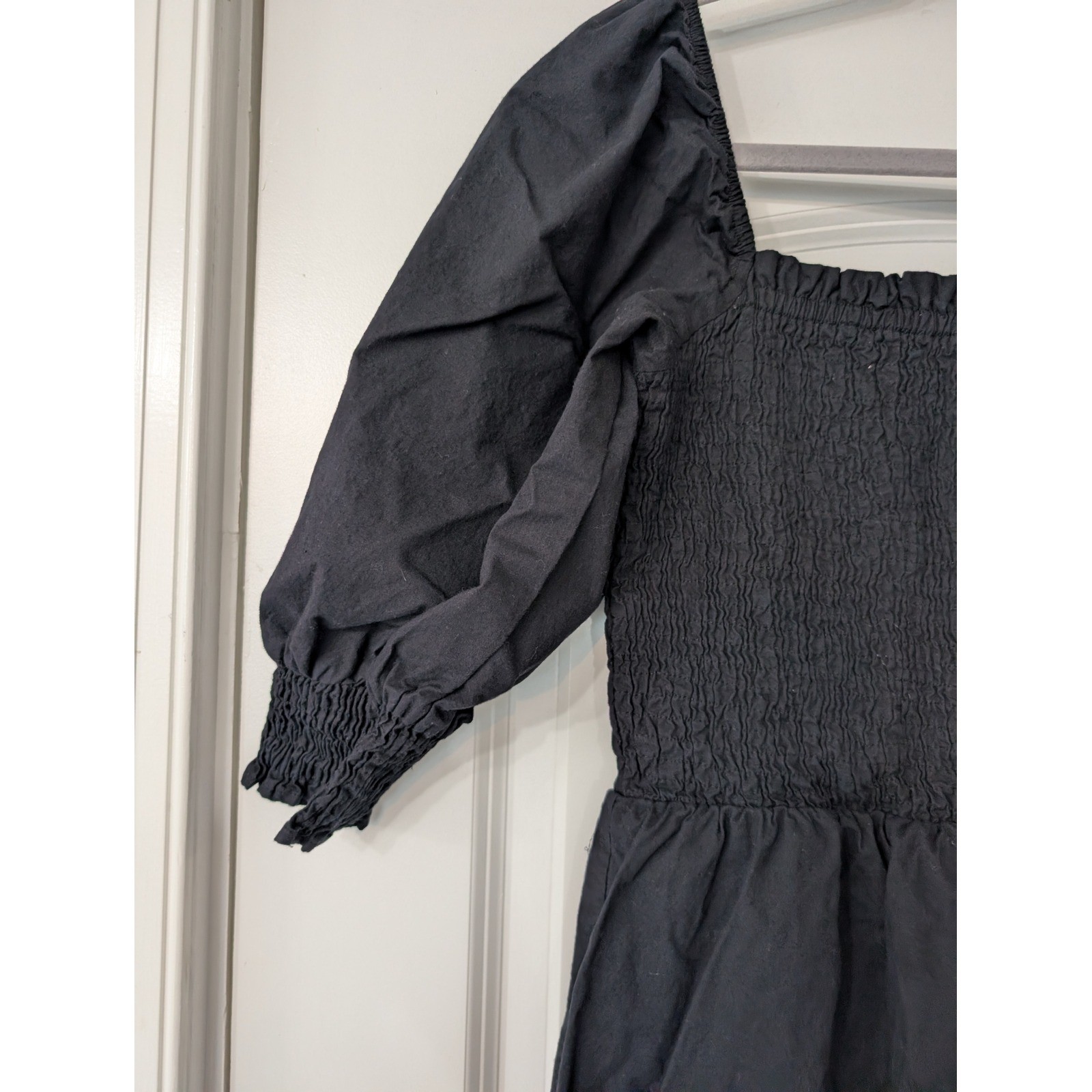 Sim & Sam Womens Black Smocked Puff Sleeve Cotton Midi Dress medium Ruffle Hem