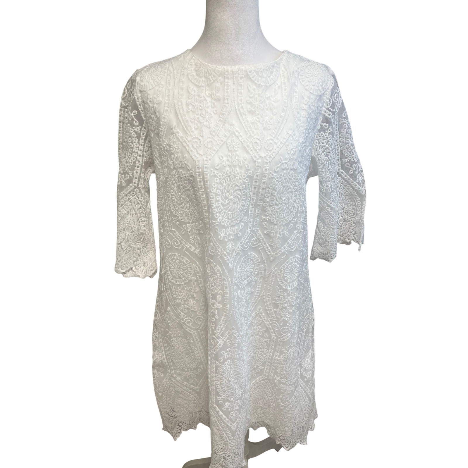 White Lace Shift Dress Sz M 3/4 Bell Sleeve Mini Bridal Coquette Cottagecore