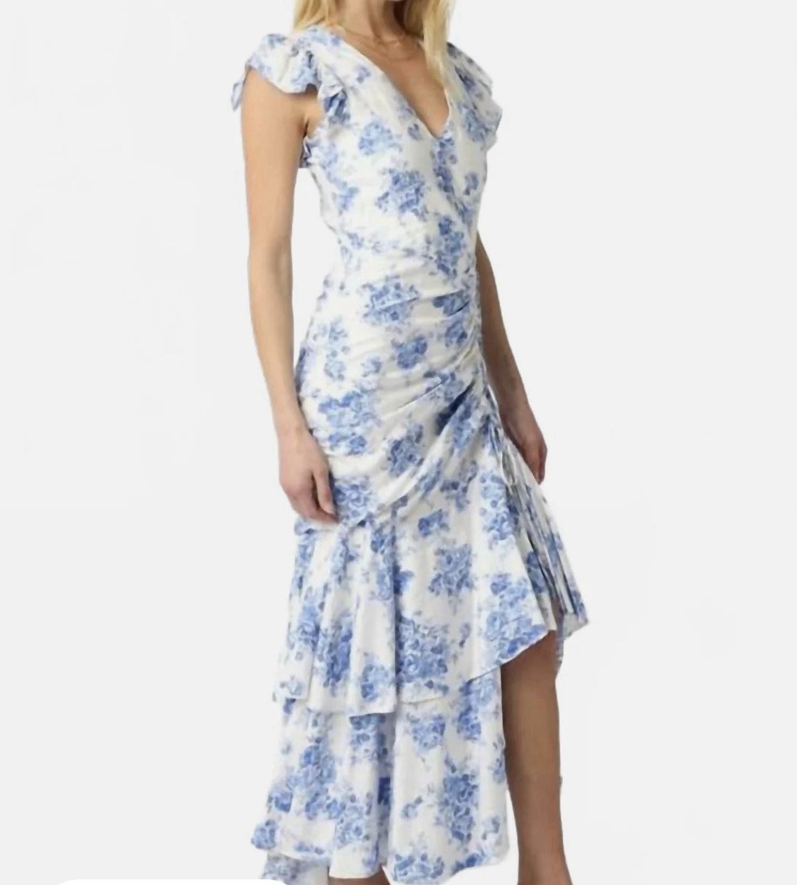 pookie & sebastian, NWT Cinched Ruffle Maxi Dress Blue & White Floral Feminine
