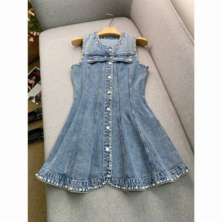 Sandro Ruffled edge V-neck Rhinestone Beaded Denim sleeveless Dresses Women’s