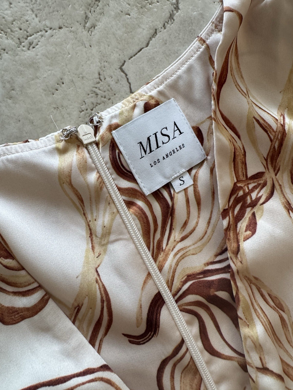 Misa Los Angeles Cream and Brown Marble Satin Mini Dress Women’s Small