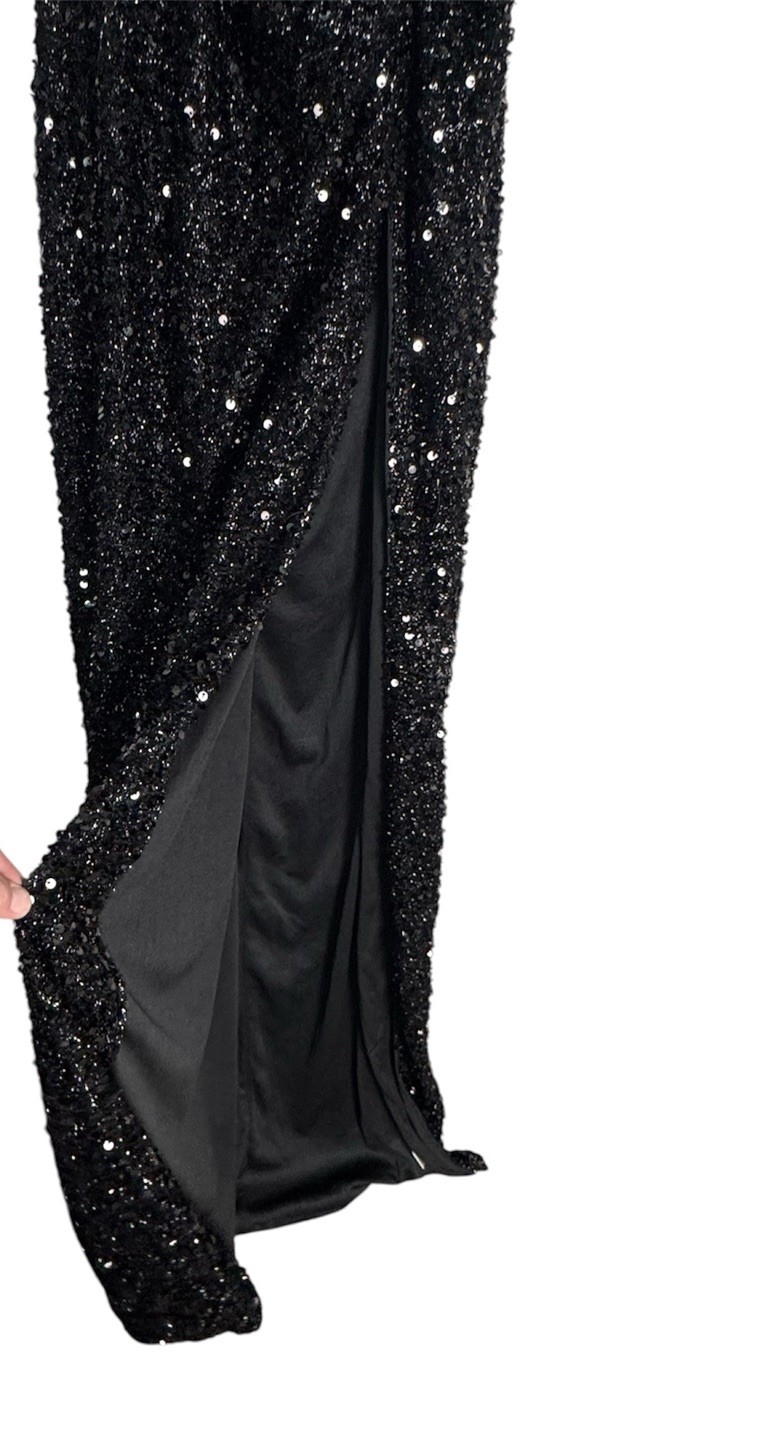 Fashion Nova Womens Hailie Black Sequin Halter Maxi Dress Plunge Slit Glam Sz L