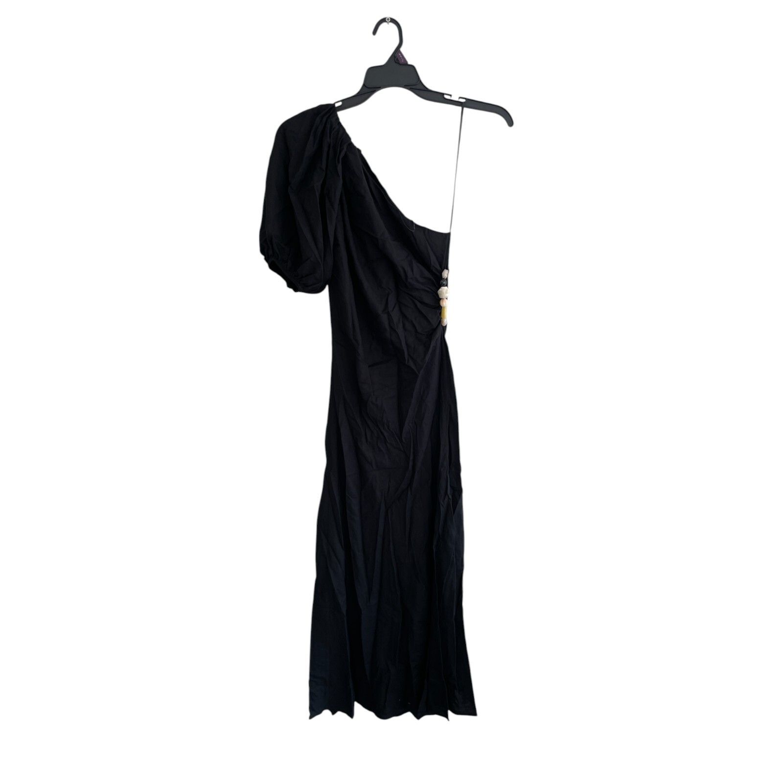 Zara Womens Asymmetric Midi Dress S Black Balloon Sleeve Beaded 9878/182 NWOT