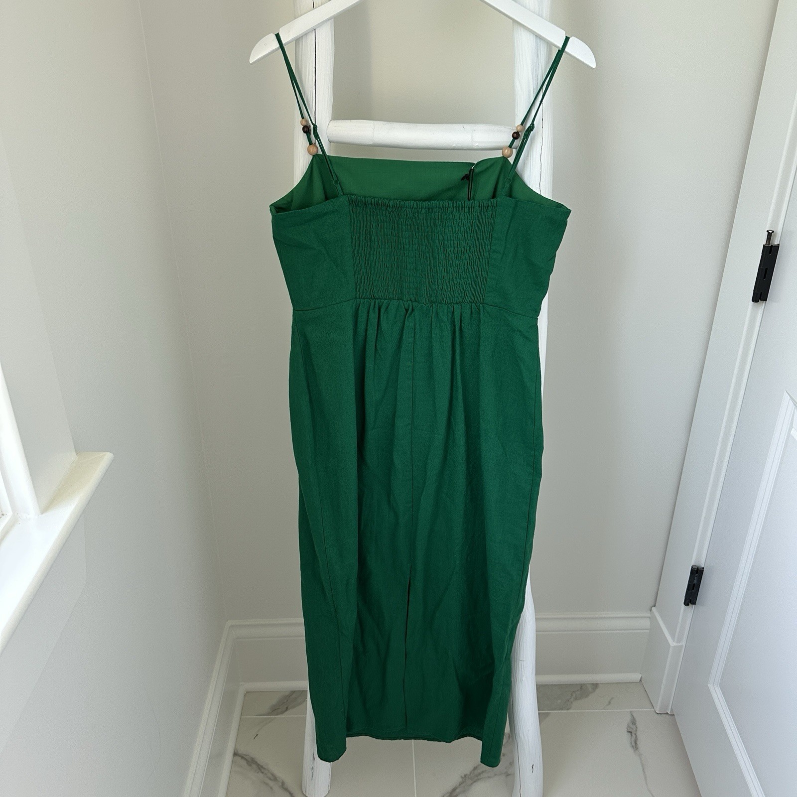 Rachel Zoe Green Solid Square Neck Smocked Lined Slip Midi Dress M