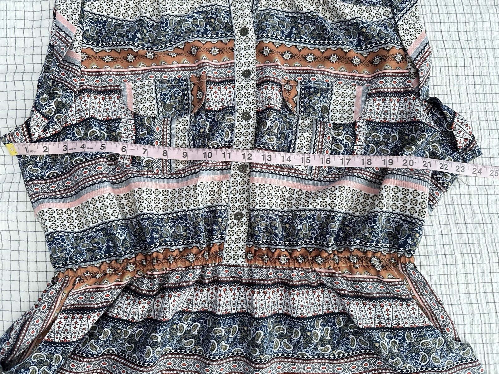 speed control 3X boho paisley stripe multi short sleeve cinch waist button dress