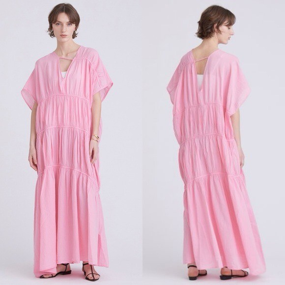 NWT Devotion Twins Chalkos Cotton Tiered Pink Asymmetrical Maxi Dress Size S