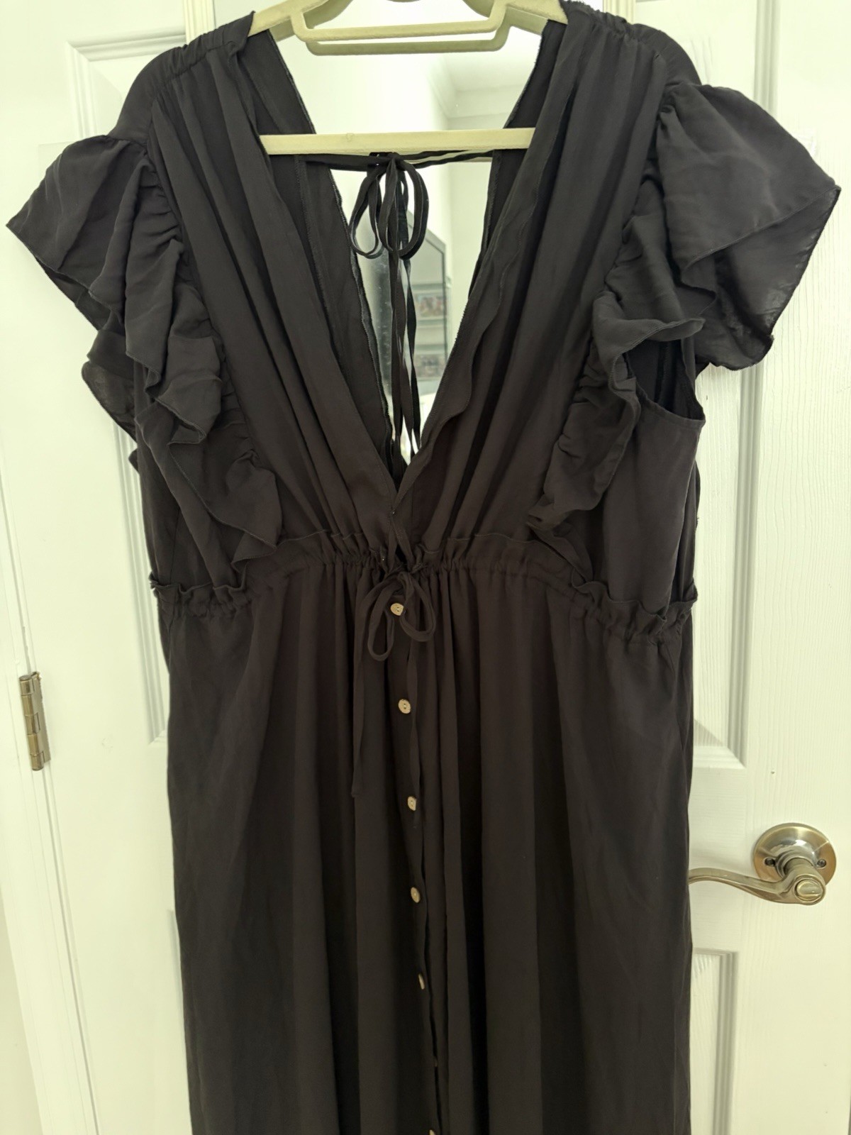 Halara Deep V Neck Butterfly Sleeve Drawstring Flowy Maxi Dress Black XL New!