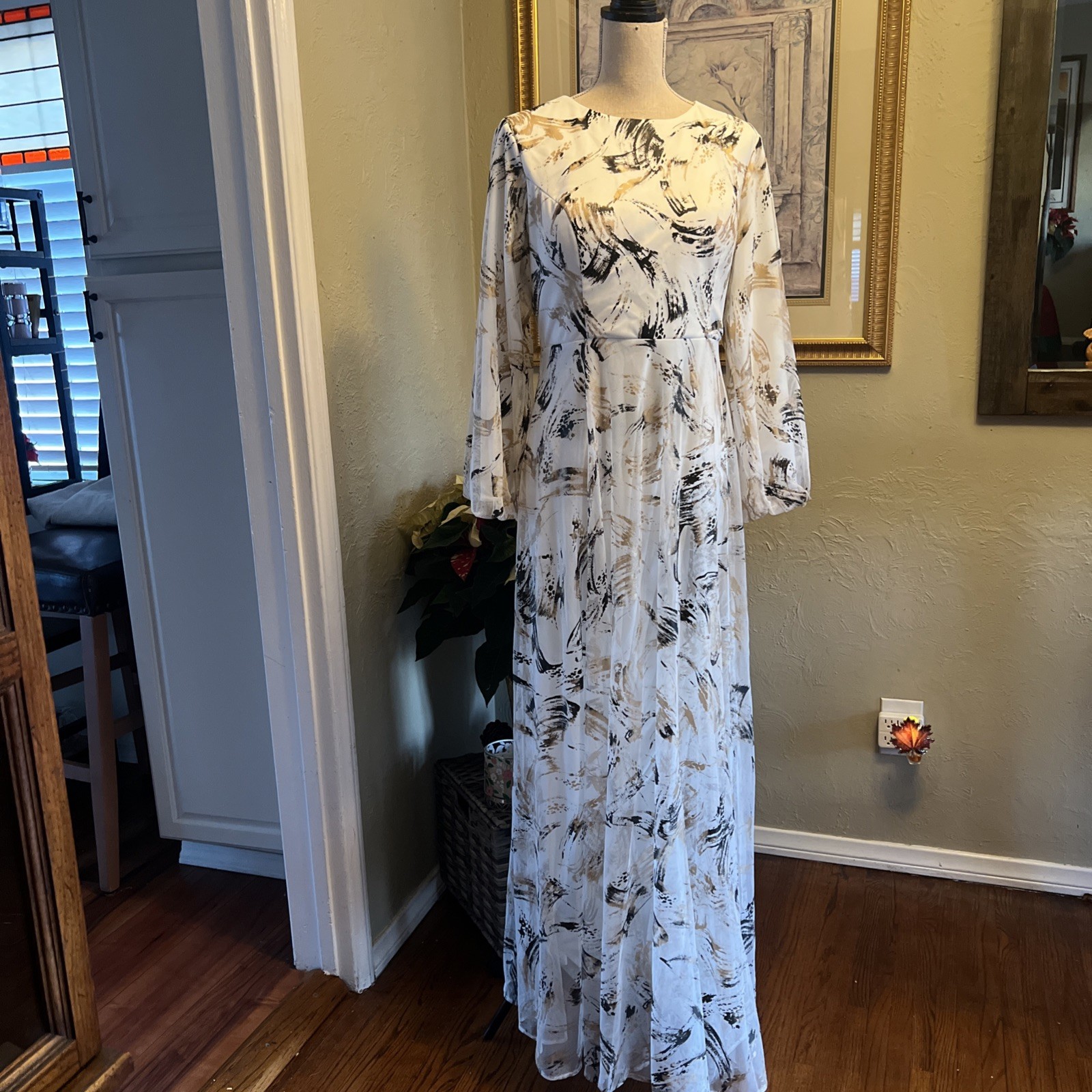 By Saygı Lined Patterned Long Tulle Dress White-black, Beige Color Size US XL