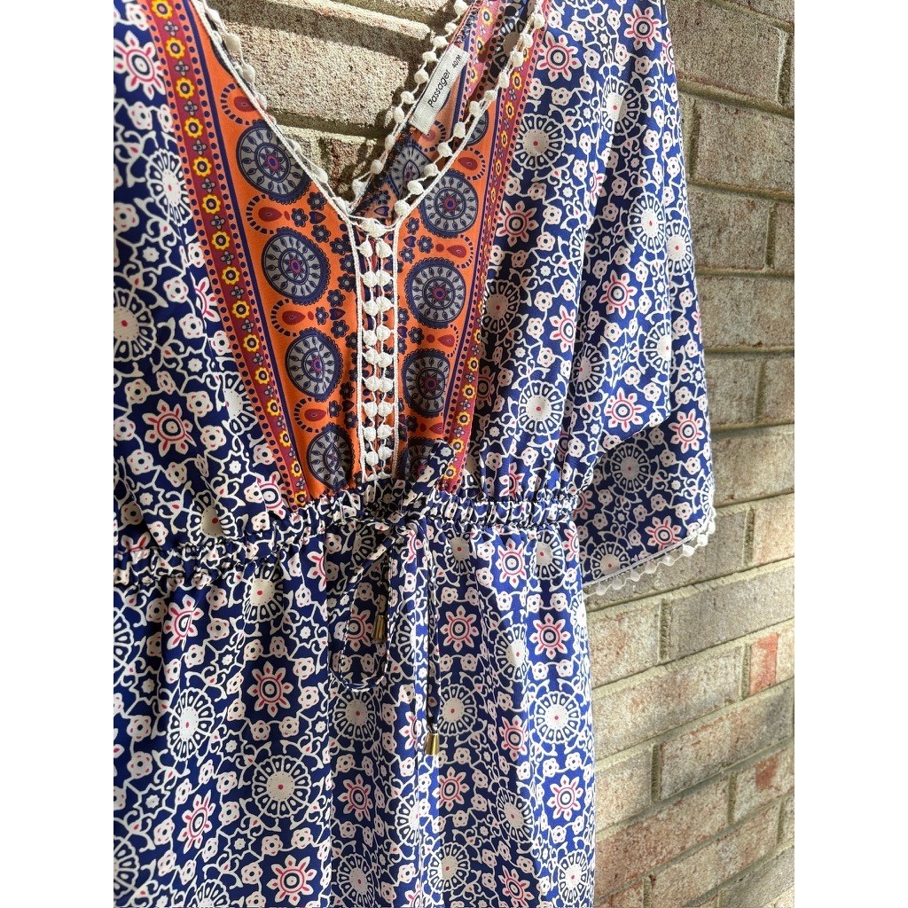 Passager Boho Beach Cover Up Dress EU 40 M Medallion Print Pom Trim
