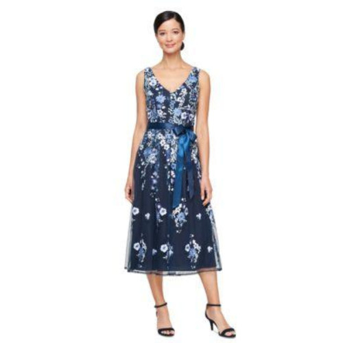 Alex Evenings Navy Blue Floral Mesh Midi Dress Size 6 Elegant Evening Cocktail