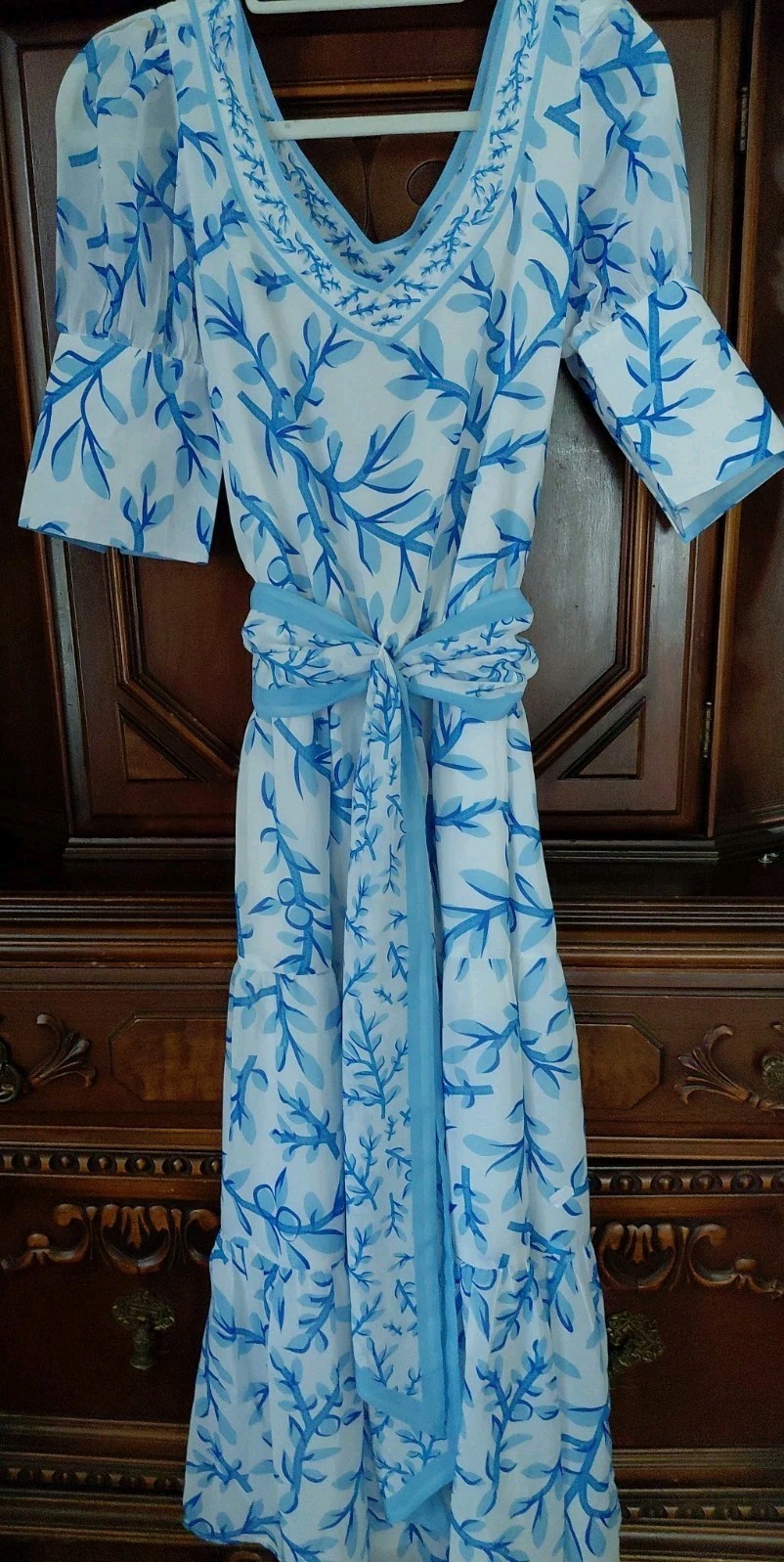 Long Xs S White Blue Floral Frill Tier Dress Bell Wedding Guest Cruise nWT $389
