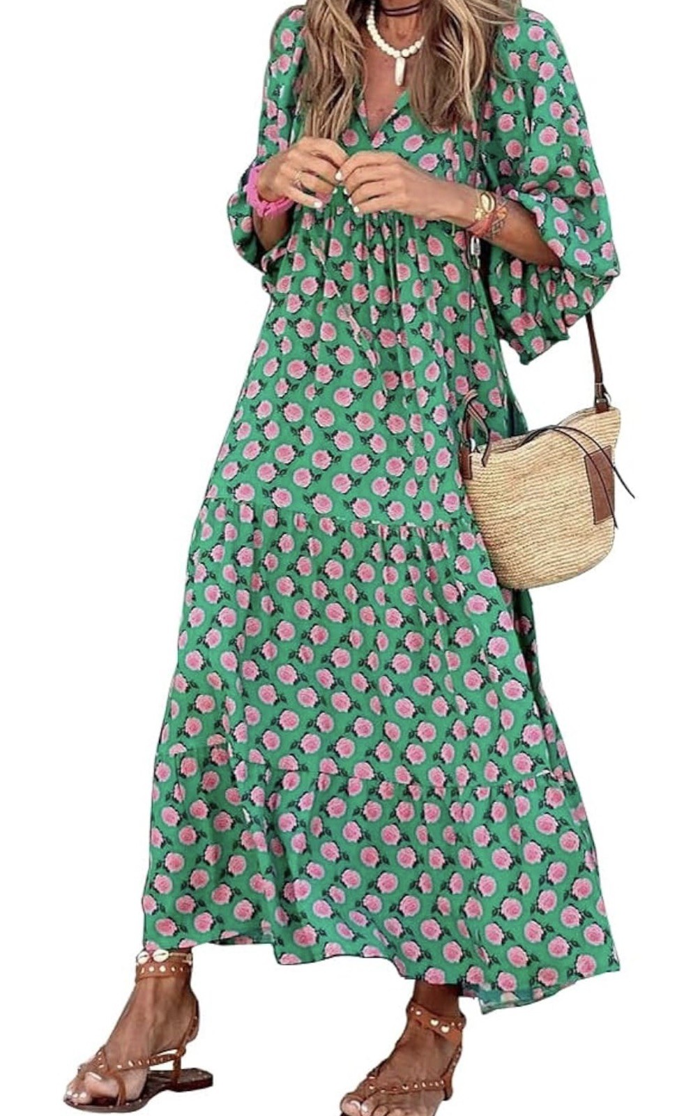 L (12-14) Women Loose Fit Casual Summer V Neck Half Sleeve Long pattern Dresses