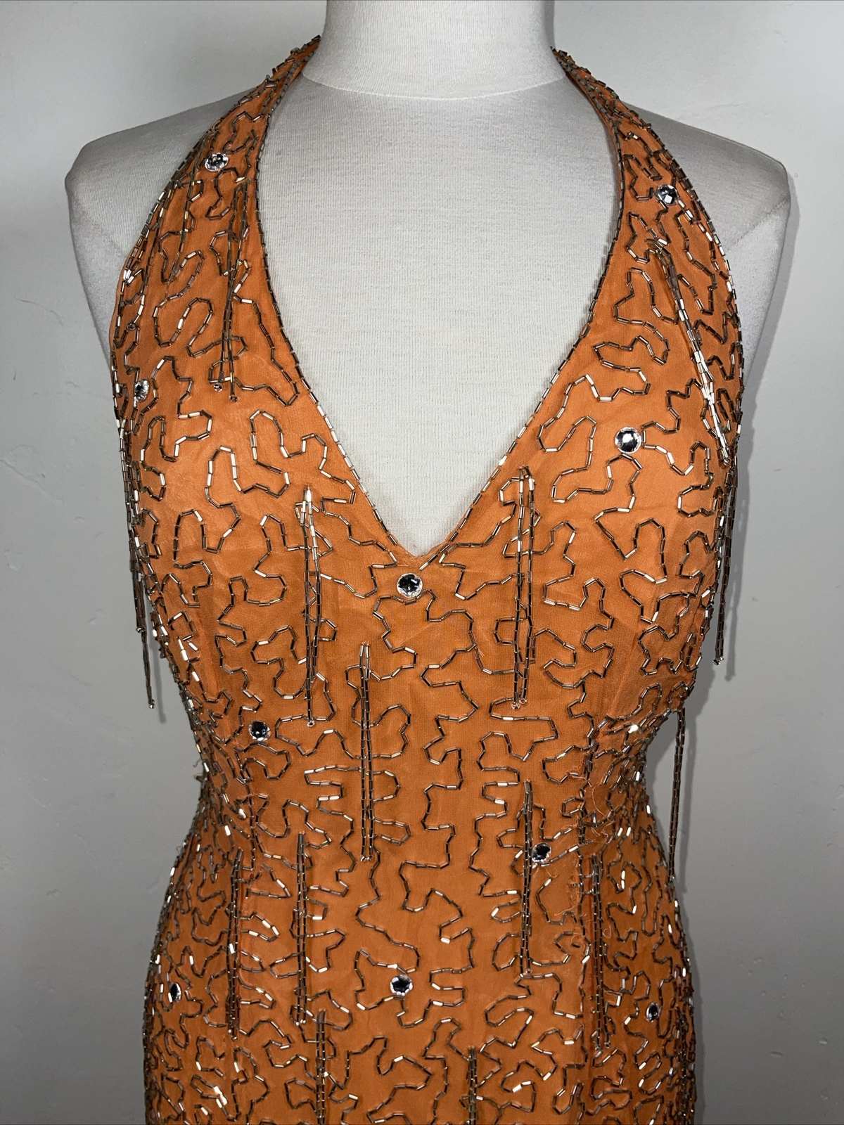 Beaded Rhinestone Fringe Asymmetrical Halter Dress Party Dancing Evening Small