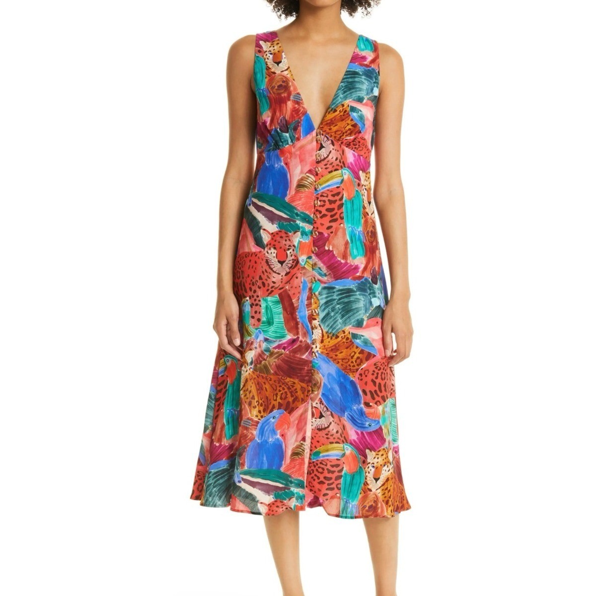 Farm Rio Tropical Jungle Animal Print Midi Slip Dress Medium Button Resort Boho