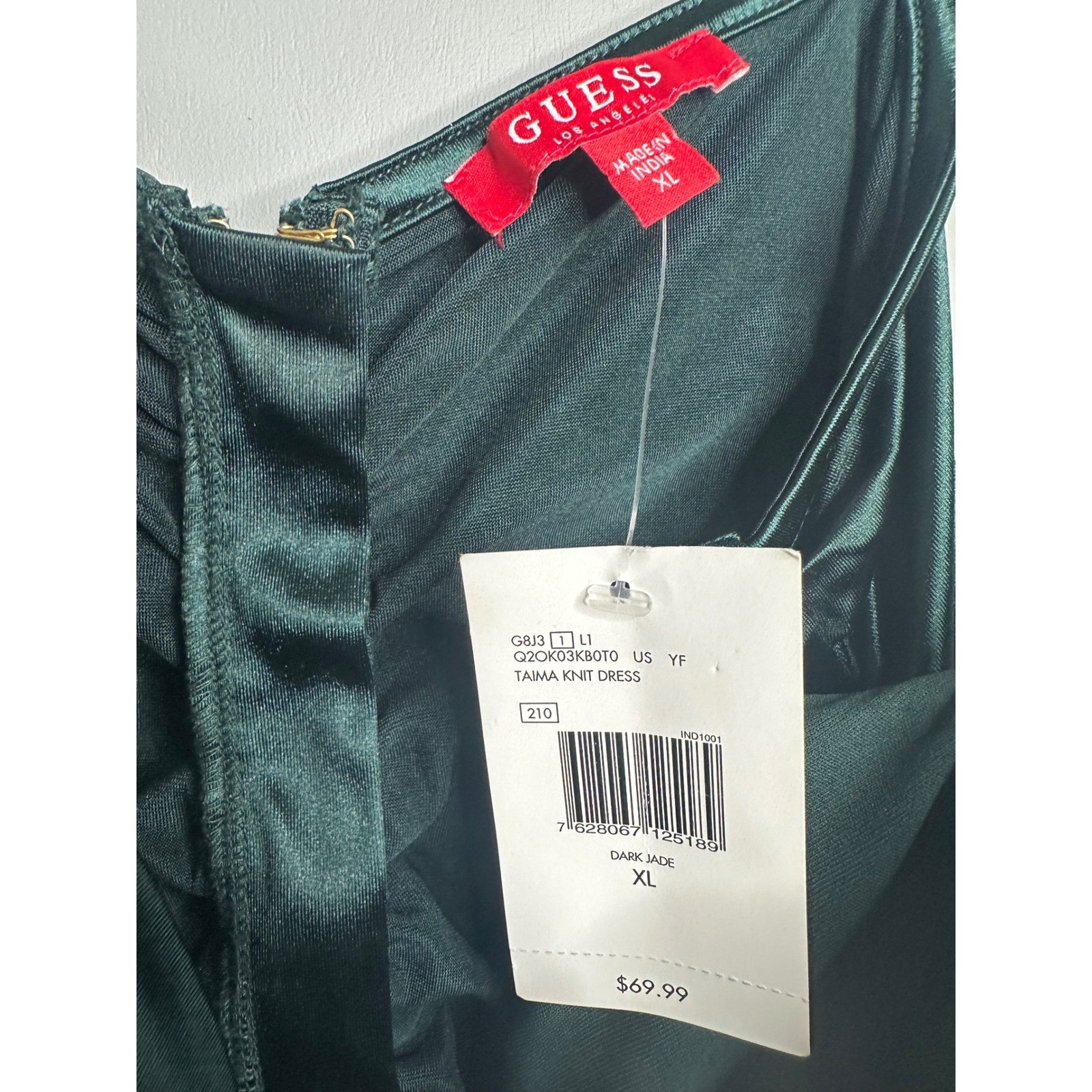 Guess Taima Dark Jade Green Ruched Satin Bodycon Mini Dress XL Q2OK03KB0T0 NWT